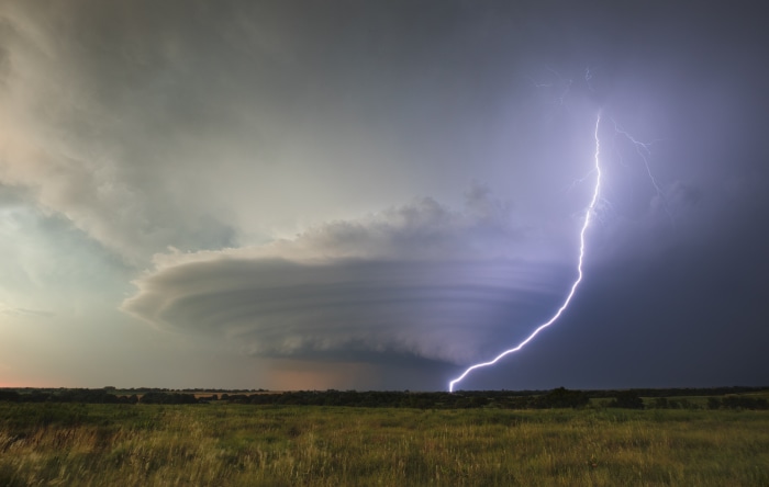 Lightning strikes a supercell thunderstorm over Kansas