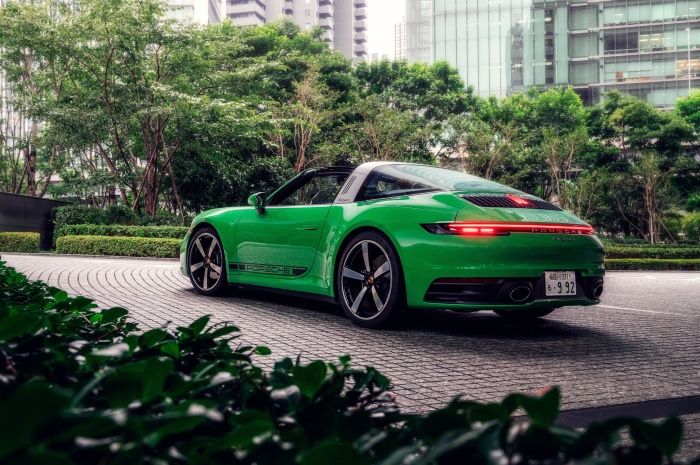 Green Porsche 911 Targa 4S parked on a street