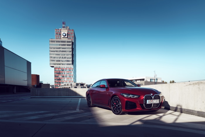 Red BMW 4 Series Gran Coupé M Sport in Parking Lot