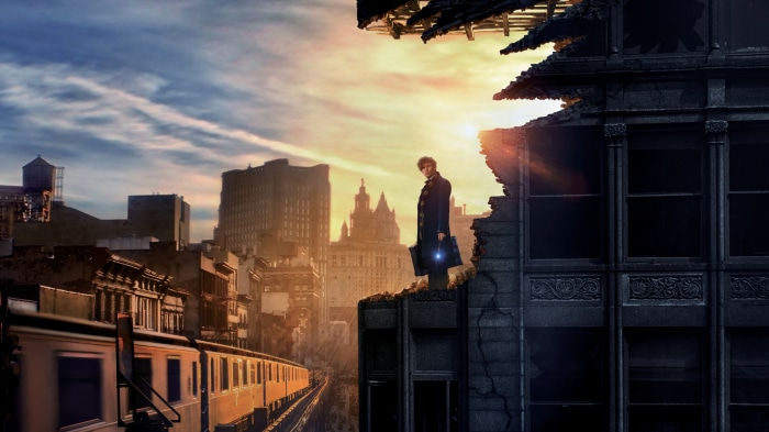 Newt Scamander from Fantastic Beasts in a ruined city
