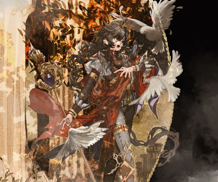 Anime character with black hair and birds