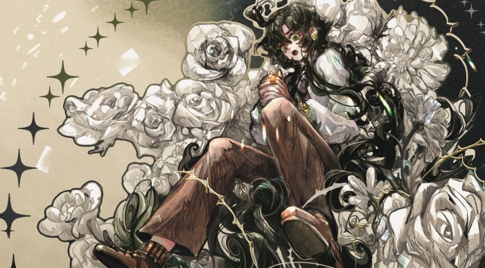 Girl with black hair and multiple eyes surrounded by flowers