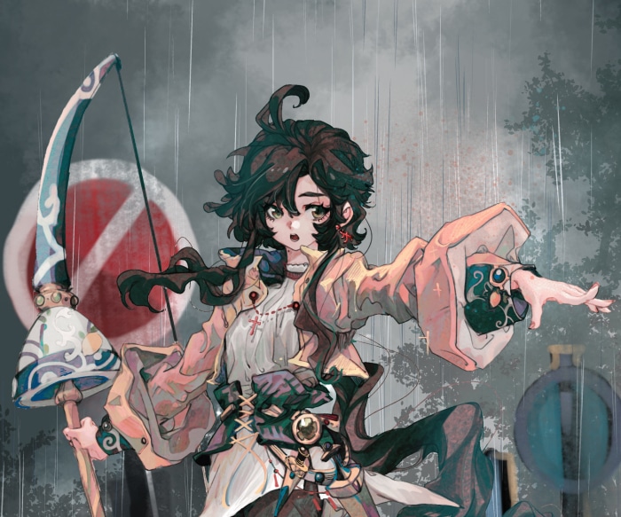 Girl with Black Hair Holding a Bow in the Rain