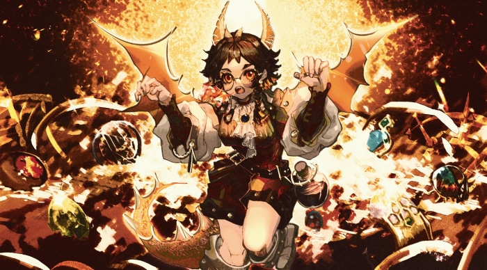 Girl with horns and wings, surrounded by magical orbs