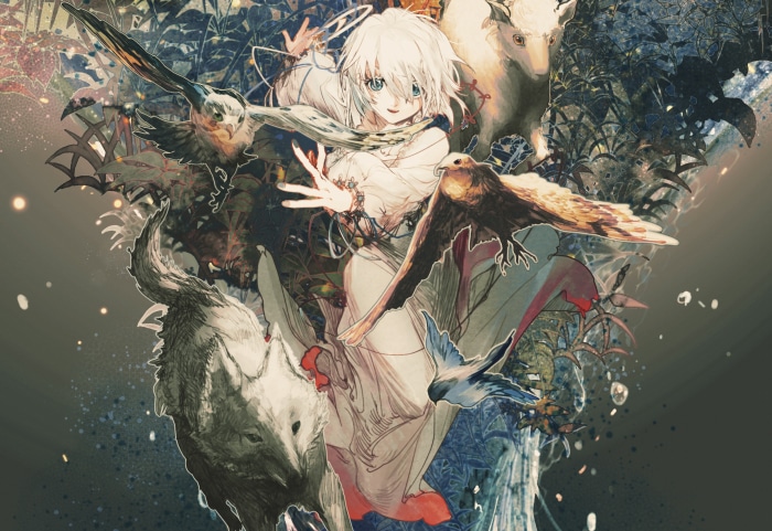 Girl with wolf, eagle, and deer in forest
