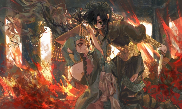 Two anime characters in a dramatic confrontation