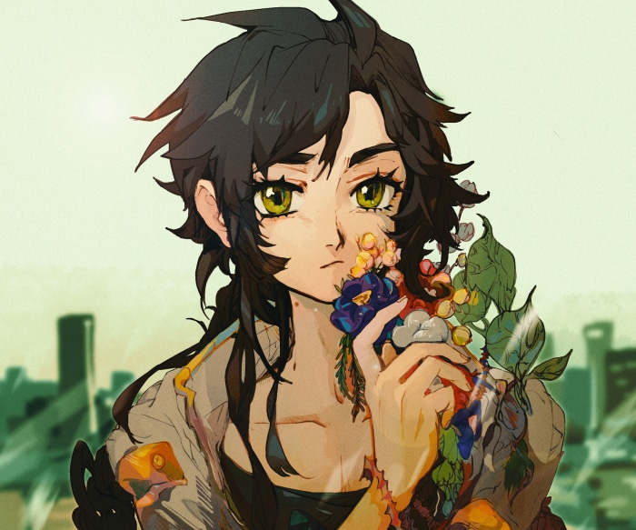 Girl with black hair and green eyes holding flowers