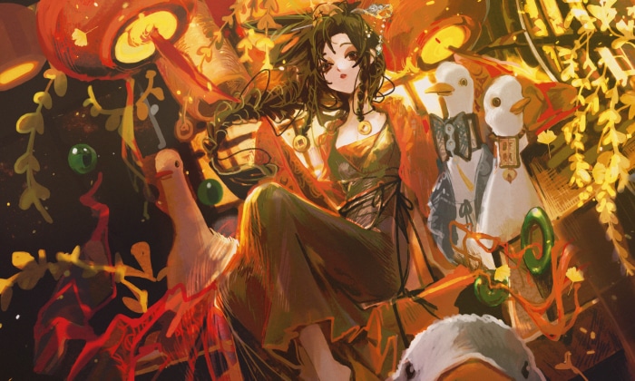 Girl with braids and duck figures