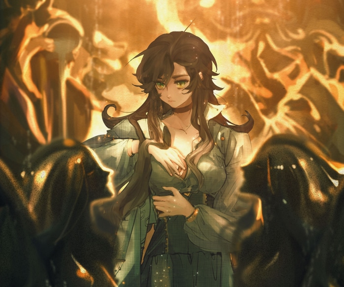 Girl with black hair and green eyes holding a snake