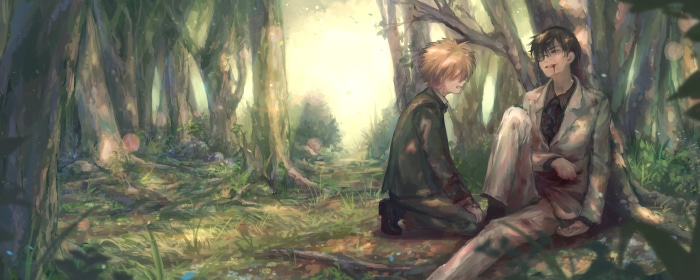 Kotarou Tennouji and Sougen Esaka in a forest