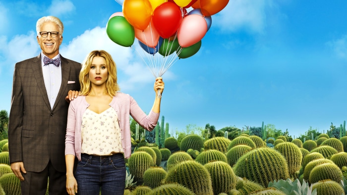 Michael and Eleanor from The Good Place with balloons
