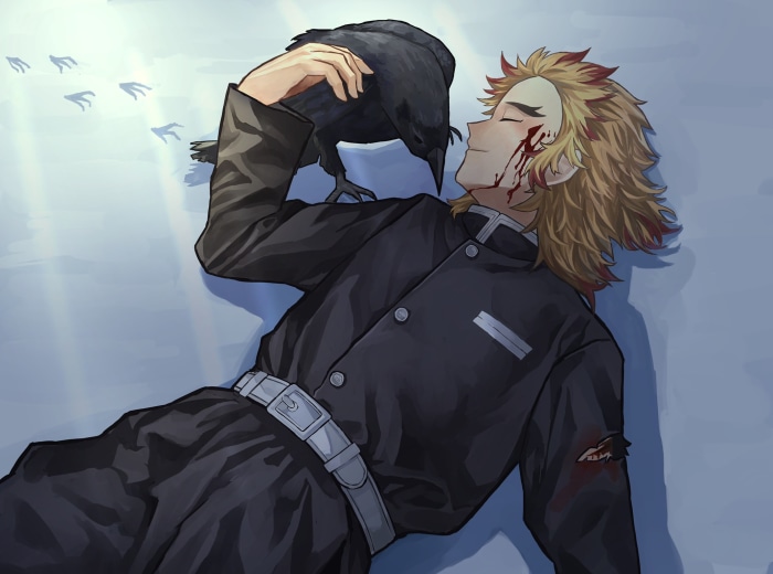 Kyojuro Rengoku from Demon Slayer: Kimetsu No Yaiba with a crow