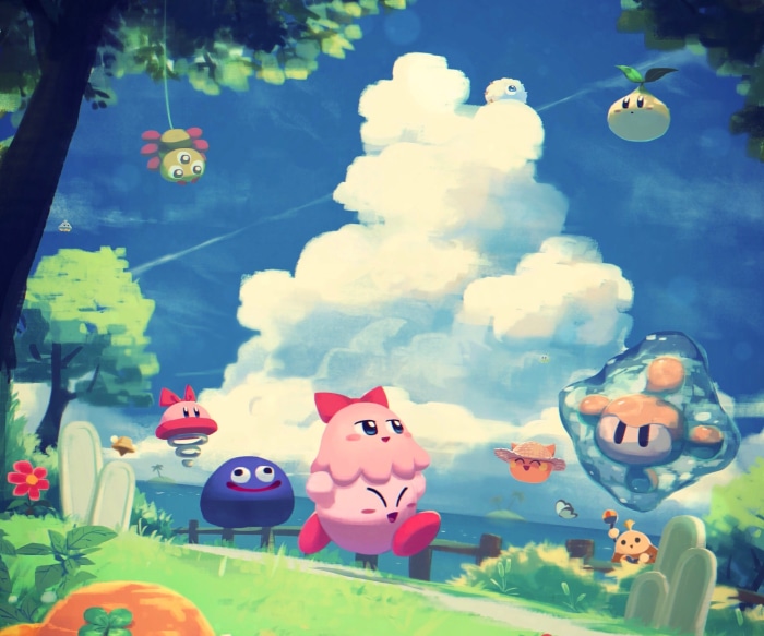 Kirby characters in a sunny outdoor scene