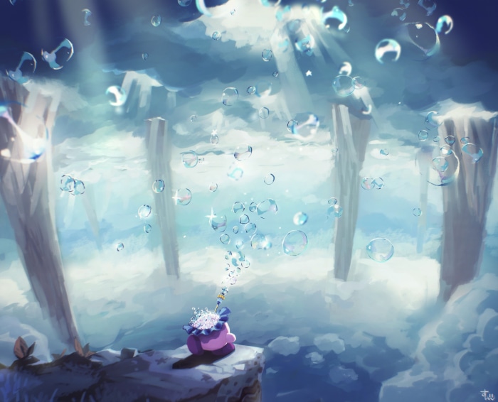 Kirby blowing bubbles in a cloudy sky