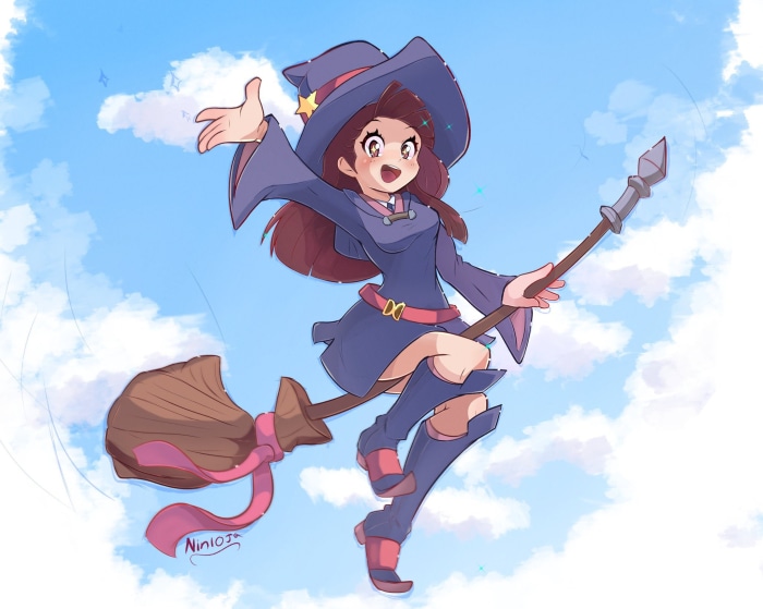 Atsuko Kagari from Little Witch Academia flying on a broomstick