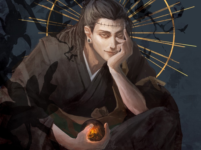 Kenjaku from Jujutsu Kaisen holding a glowing orb