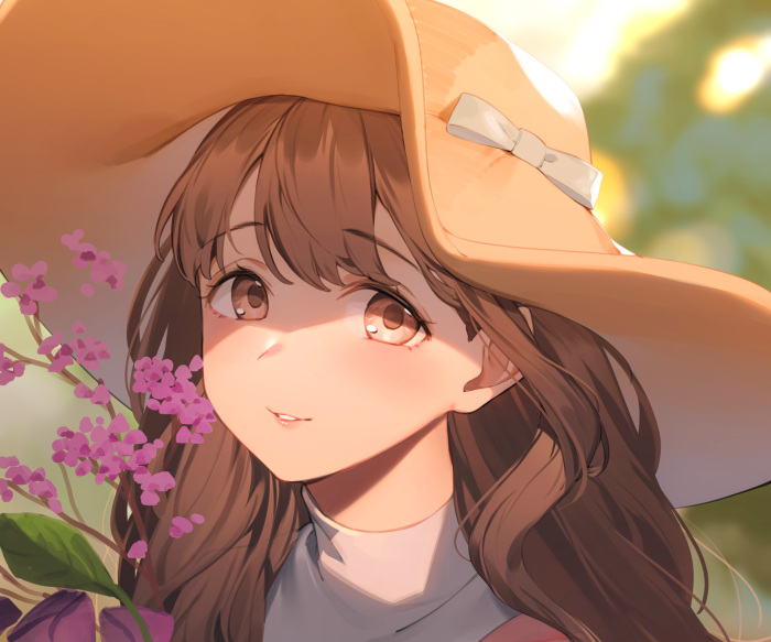 Girl in a Hat with Flowers at Sunset