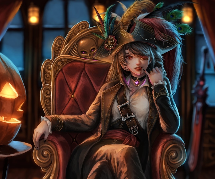 Pirate Beidou from Genshin Impact sitting on a throne