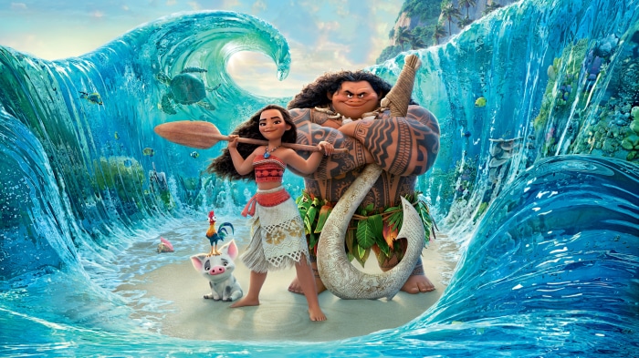 Moana, Maui, Pua, and Heihei on a beach with waves