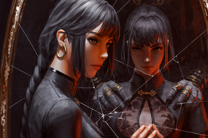 Two women with black hair reflected in a cracked mirror