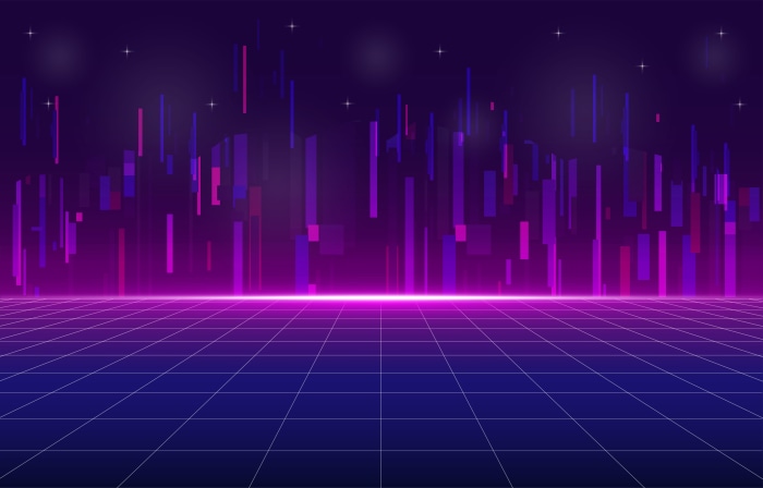 Retro Grid Landscape with Neon Cityscape