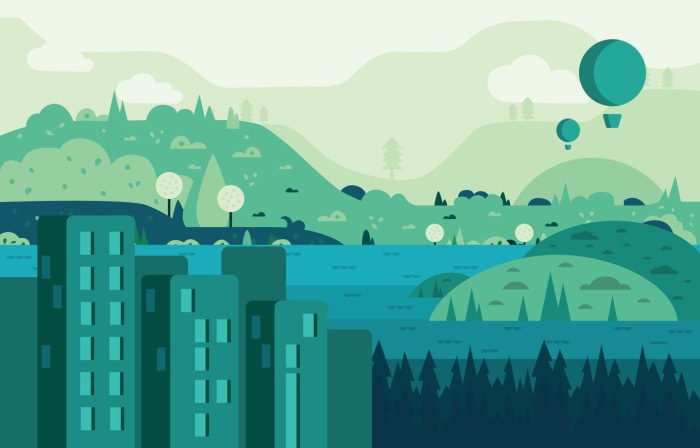 Green landscape with city and hot air balloons