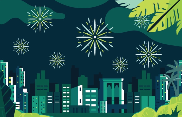 Fireworks over a city skyline