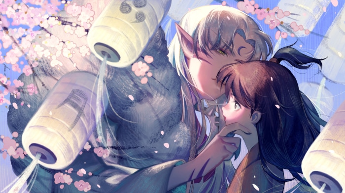 Sesshomaru and Rin from InuYasha with lanterns and cherry blossoms