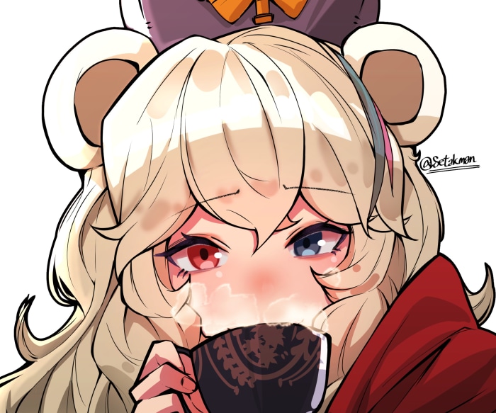 Rosa from Arknights drinking from a mug