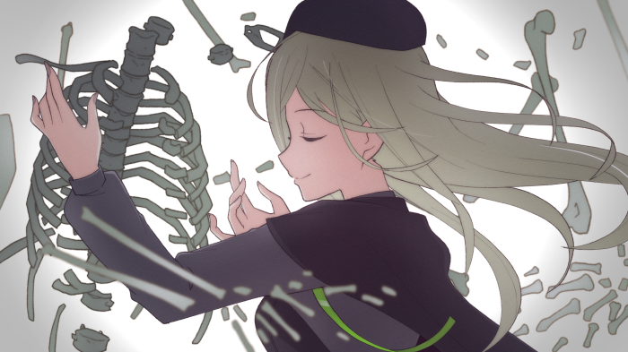 Girl with skeleton fragments
