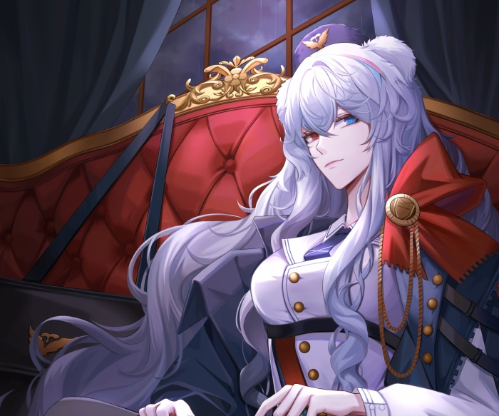 Rosa from Arknights sitting on a red couch