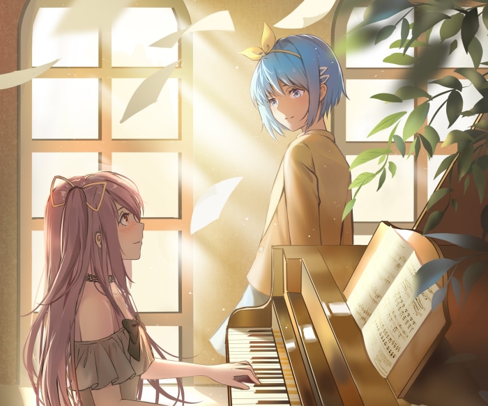 Madoka Kaname and Sayaka Miki playing piano