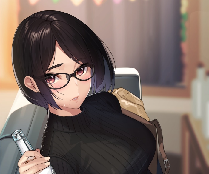 Girl with glasses and short hair holding a bottle