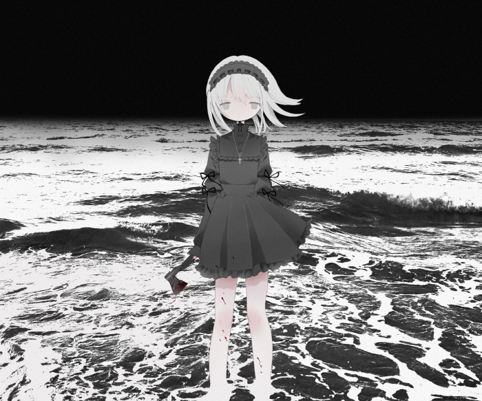 Girl in a black dress holding an axe