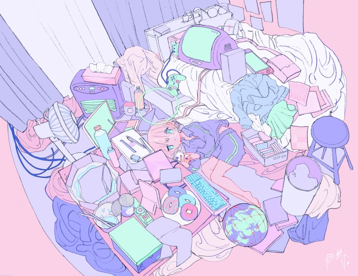 Girl in a messy room with electronics and clothes