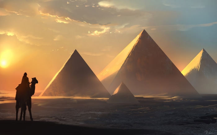 Fantasy Pyramids at Sunset with Camel Rider 4K
