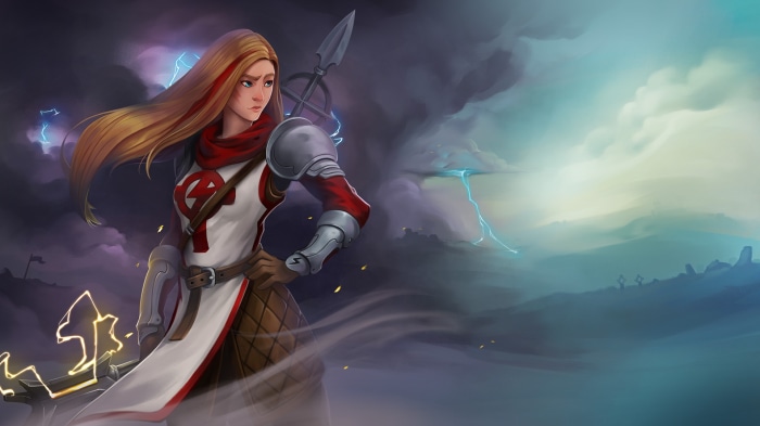Woman with spear in stormy landscape
