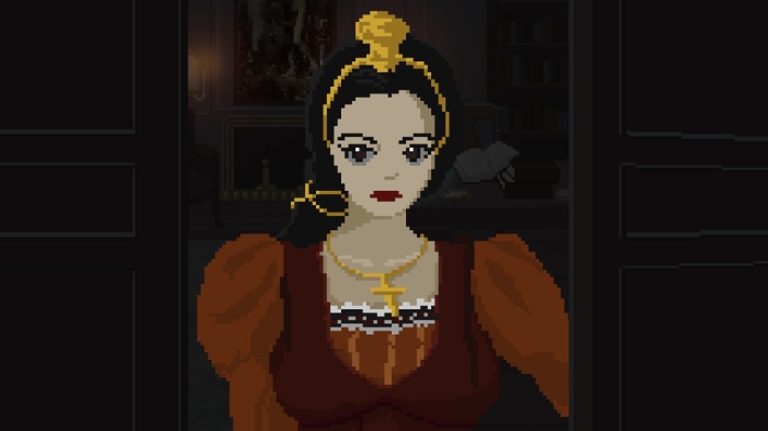 Woman with cross necklace in dark room
