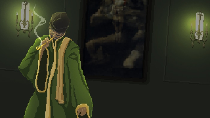 Man in green robe smoking pipe in dimly lit room