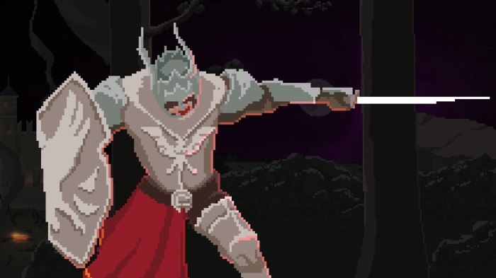 Knight with sword and shield in dark forest