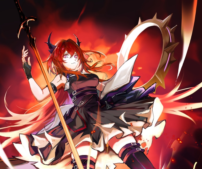 Surtr from Arknights with fiery background