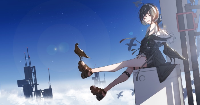 La Pluma from Arknights sitting with birds