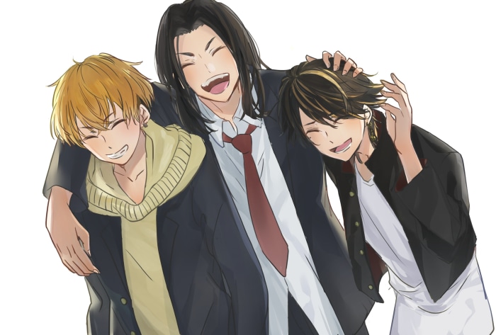 Three male anime characters smiling together
