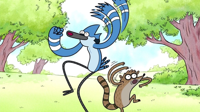 Mordecai and Rigby from Regular Show running