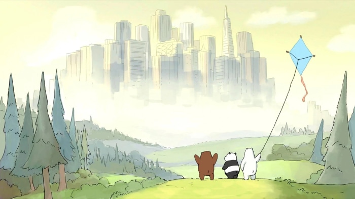 We Bare Bears flying a kite in front of a city
