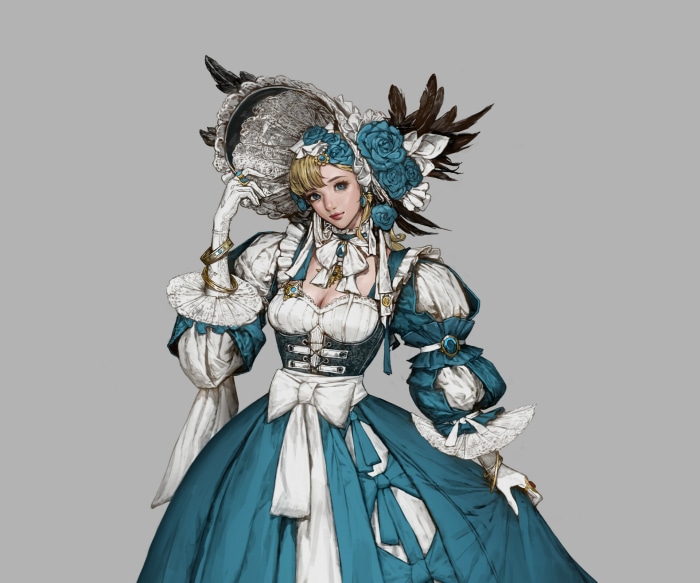 Girl in a blue and white Victorian dress