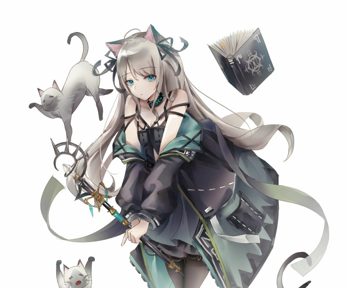 Mint from Arknights with cats and a book