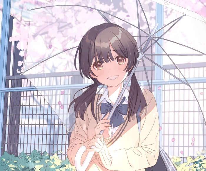Girl with umbrella under cherry blossoms in the rain