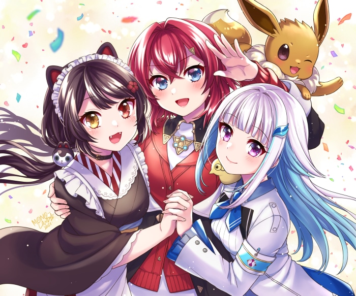 Lize Helesta, Inui Toko, Ange Katrina, and Eevee from Nijisanji and Pokémon