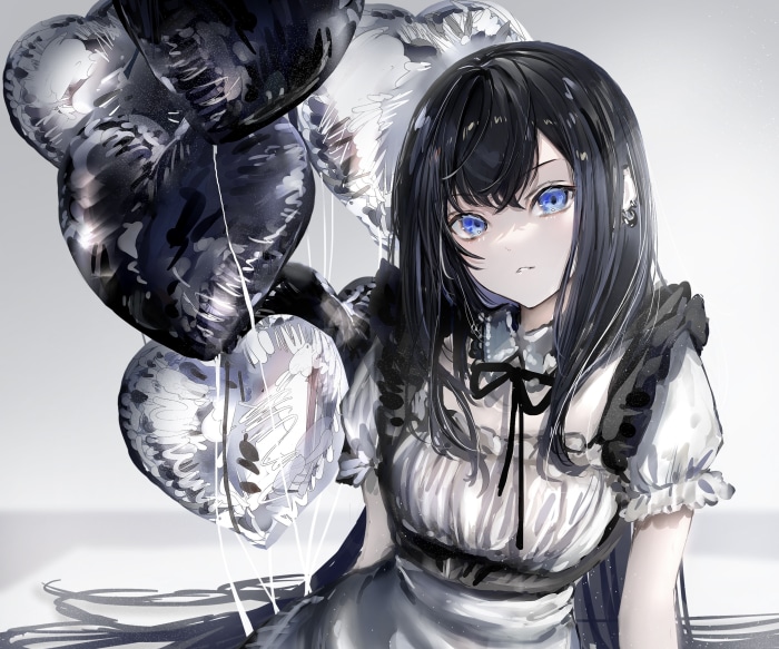 Girl with Blue Eyes and Heart Balloons